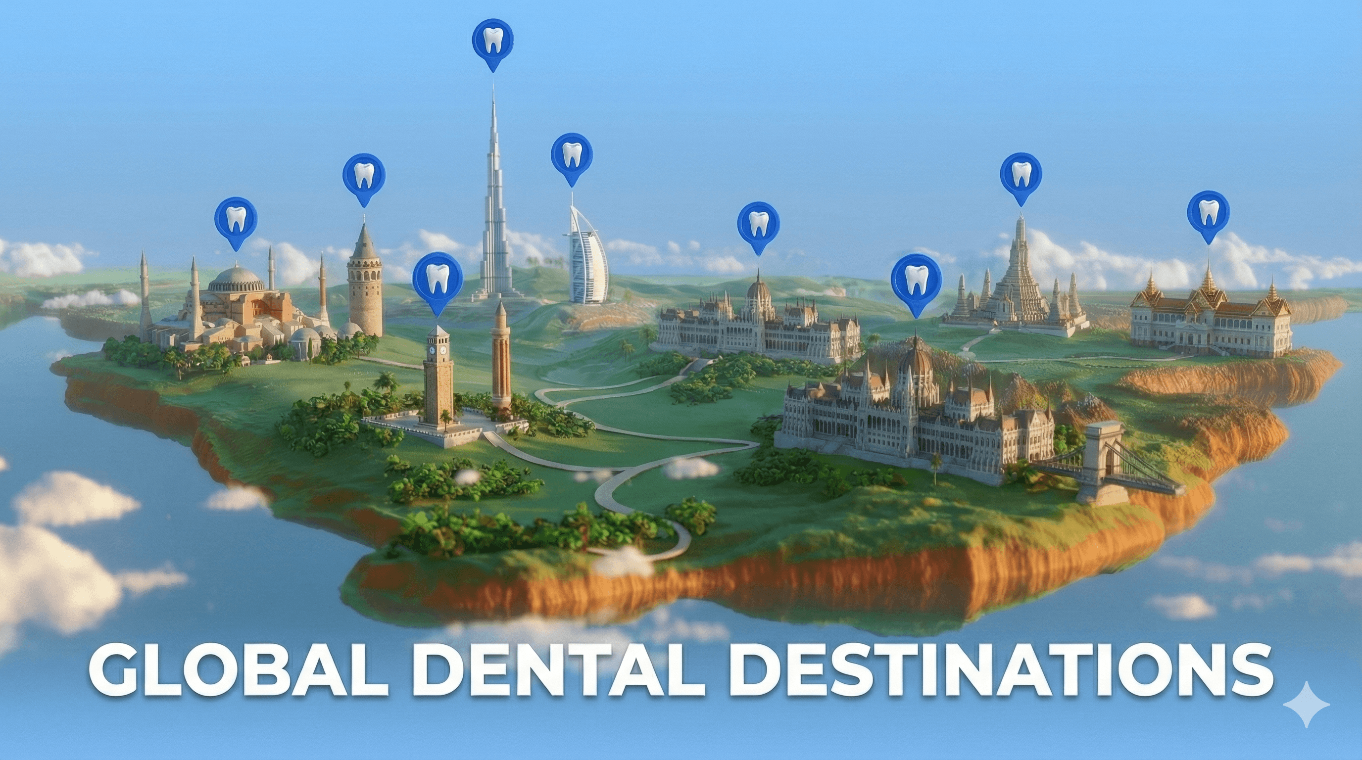 Global Dental Destinations - floating island with Istanbul, Budapest, Dubai landmarks