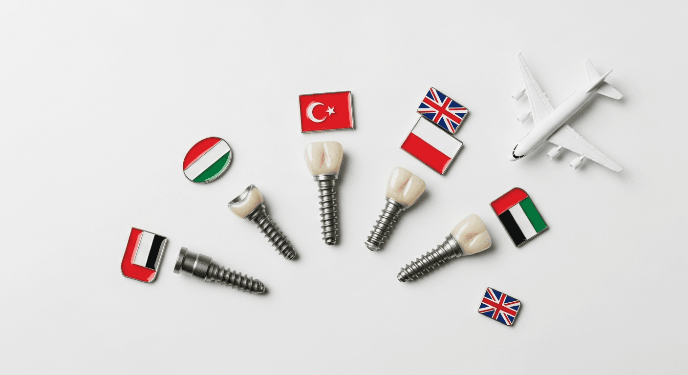 Dental implants abroad — country flags and airplane