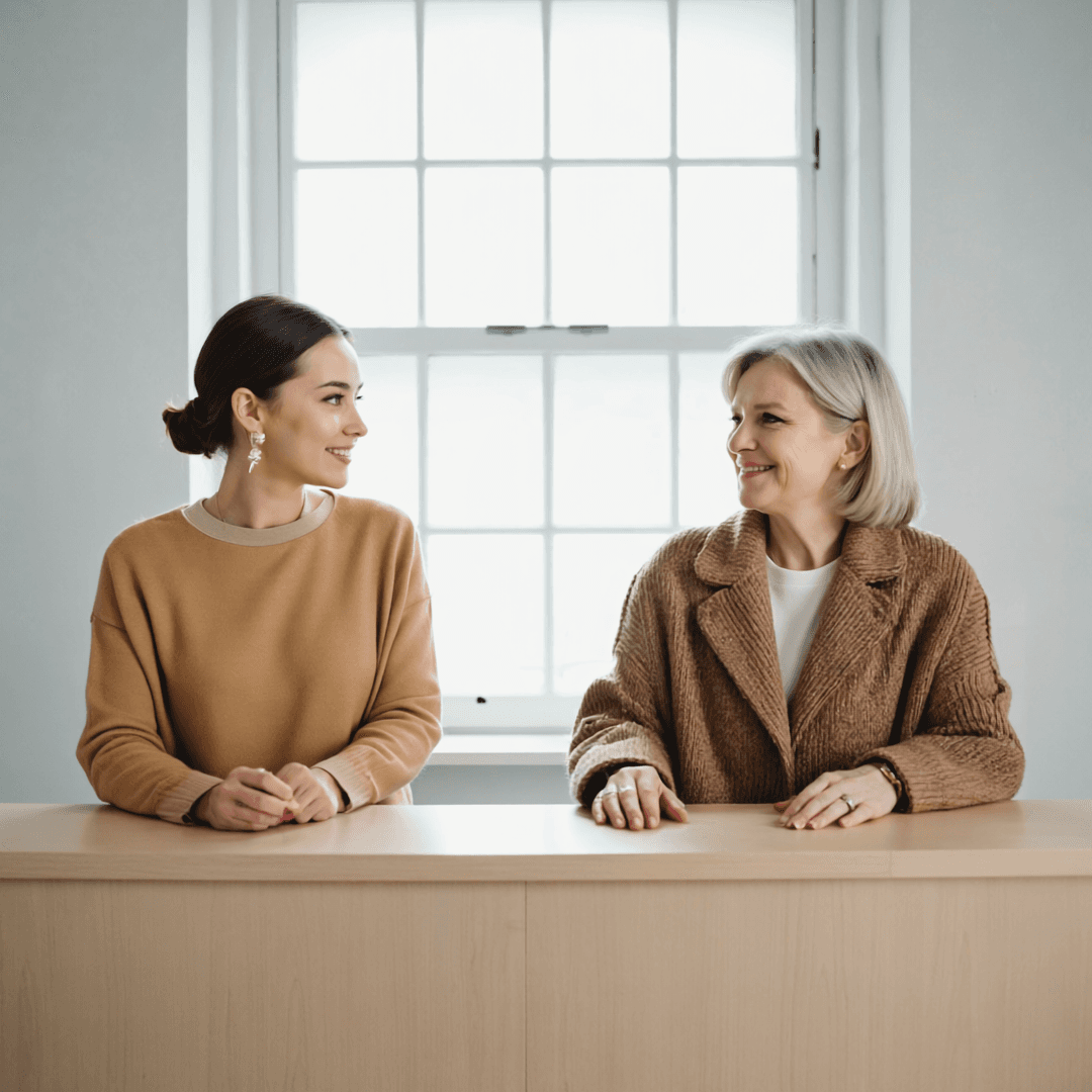 Two women talking across the counter of a small studio