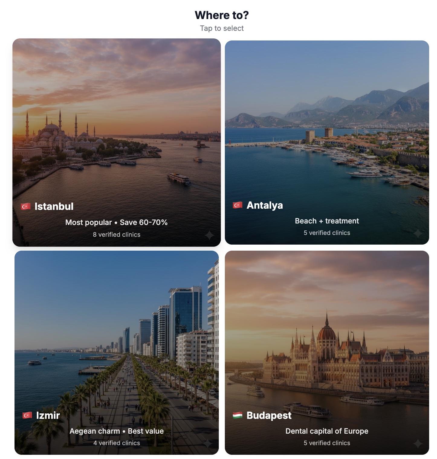 Choose your destination from verified dental tourism hotspots. Istanbul is the most popular with 60-70% savings, but Antalya, Izmir, and Budapest are also available.