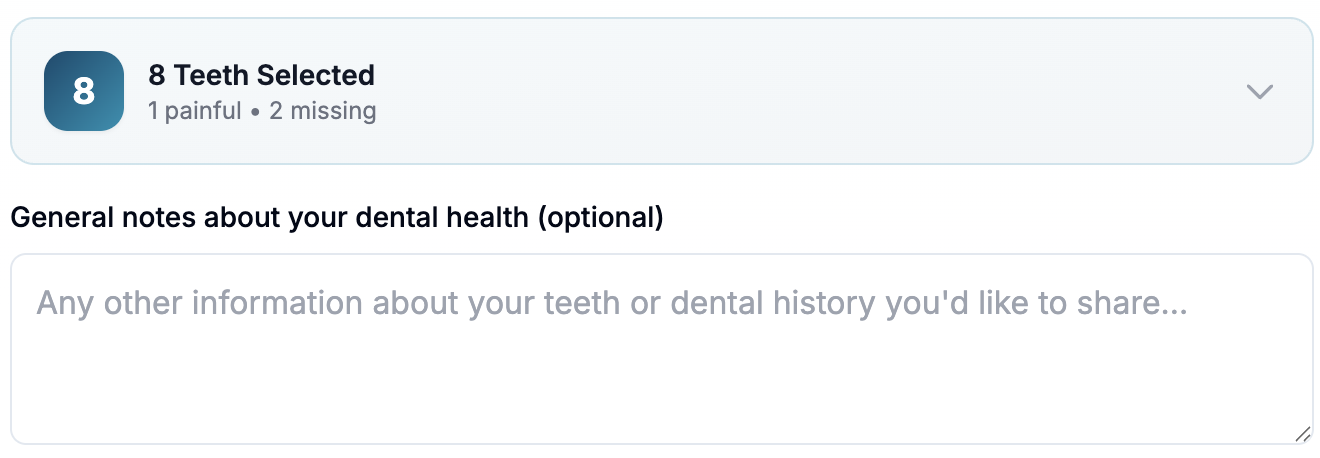The summary shows 8 teeth selected, 1 painful, 2 missing. You can add notes about your dental history for clinics to review.
