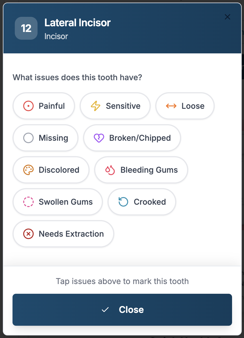 Tapping a tooth opens an issue selector. For each tooth you simply mark what is wrong — painful, missing, broken, discoloured, and more.